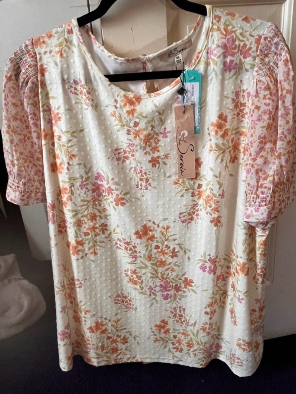 Les Serein Floral Swiss Dot Blouse in Cream, Peach & Pink